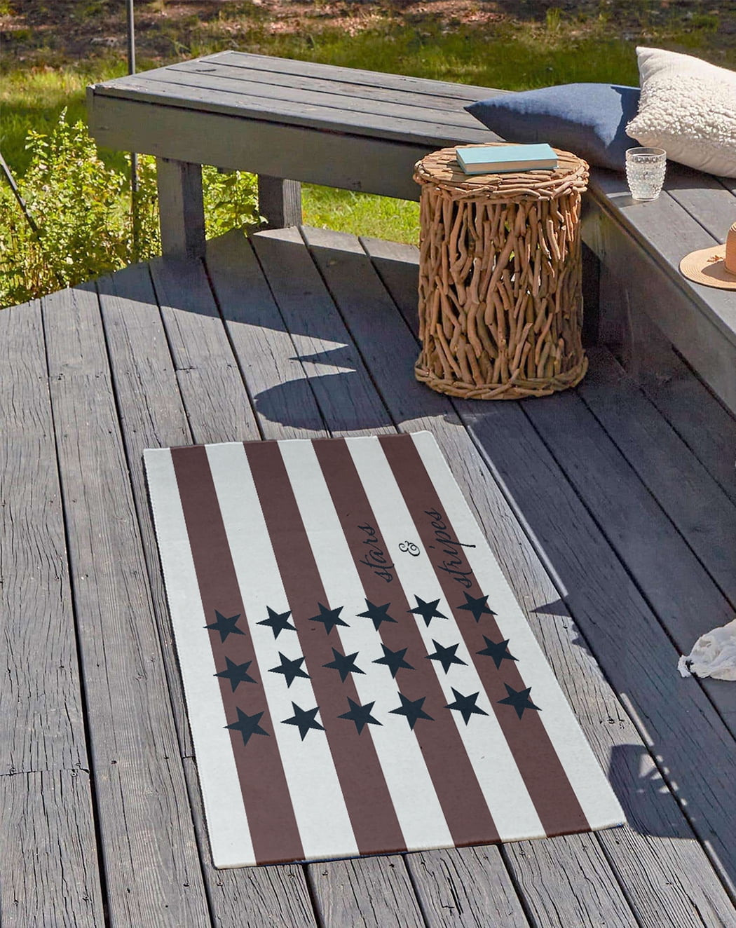 24" 36" Simply Daisy Stars and Stripes with Words Americana Chenille Area Rug, Blue-Red