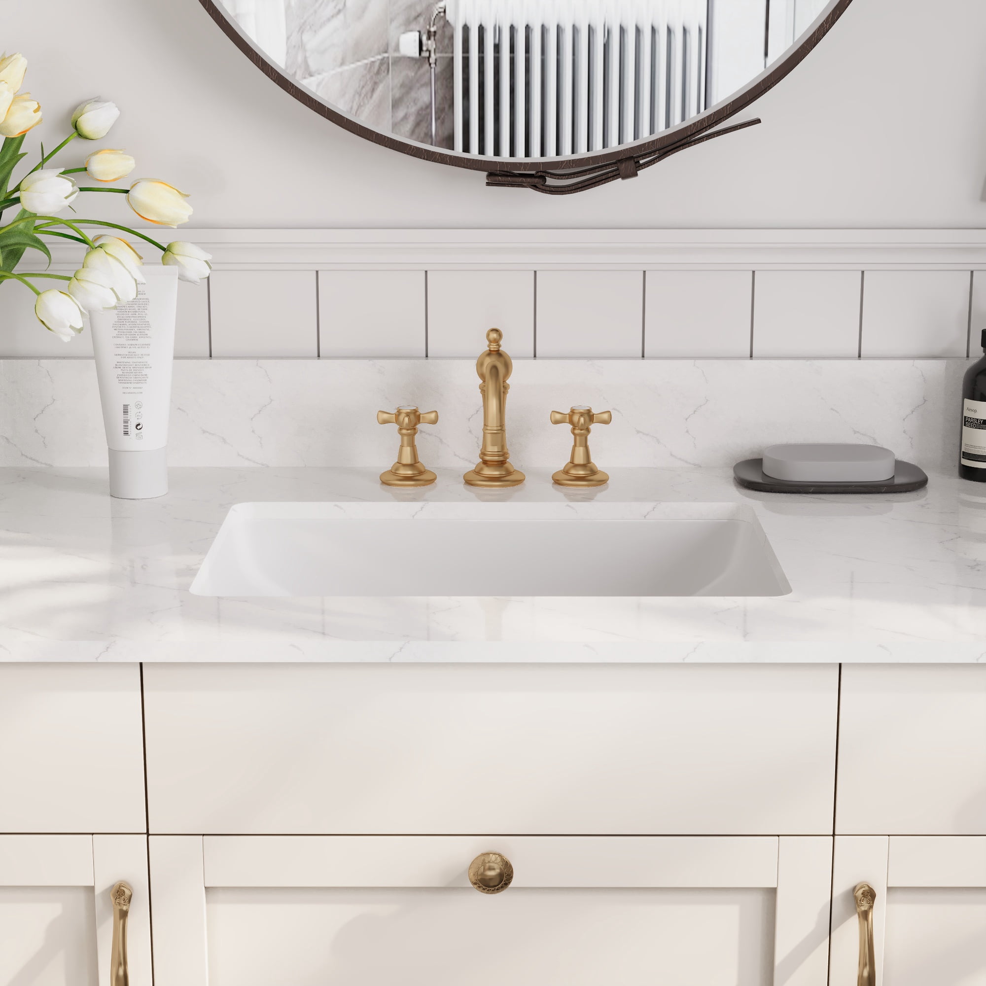 48.8" X 22" Engineered Stone Single Bathroom Vanity Top with Ceramic Sink, Three Faucet Holes