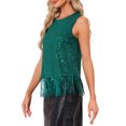 thumbnail image 4 of INSPIRE CHIC Halloween Party Tops for Women's Sequin Fringe Trim Sleeveless Round Neck Sparkly Tees S Dark Green, 4 of 6