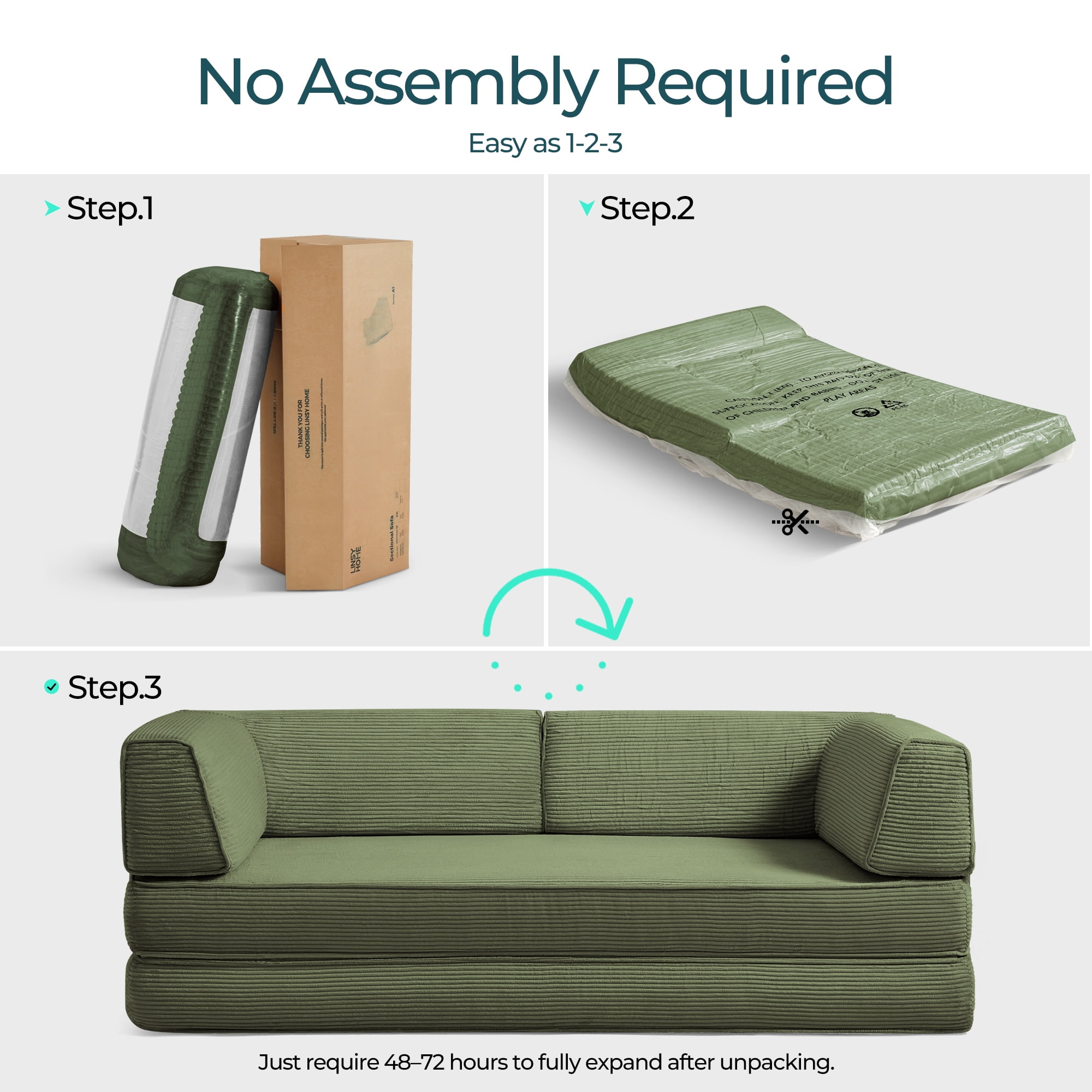 Linsy Home Corduroy Futon Sofa Bed Couch, Convertible Boneless Cloud Couch Bed,  King Size Sleeper Sofa Bed, Green