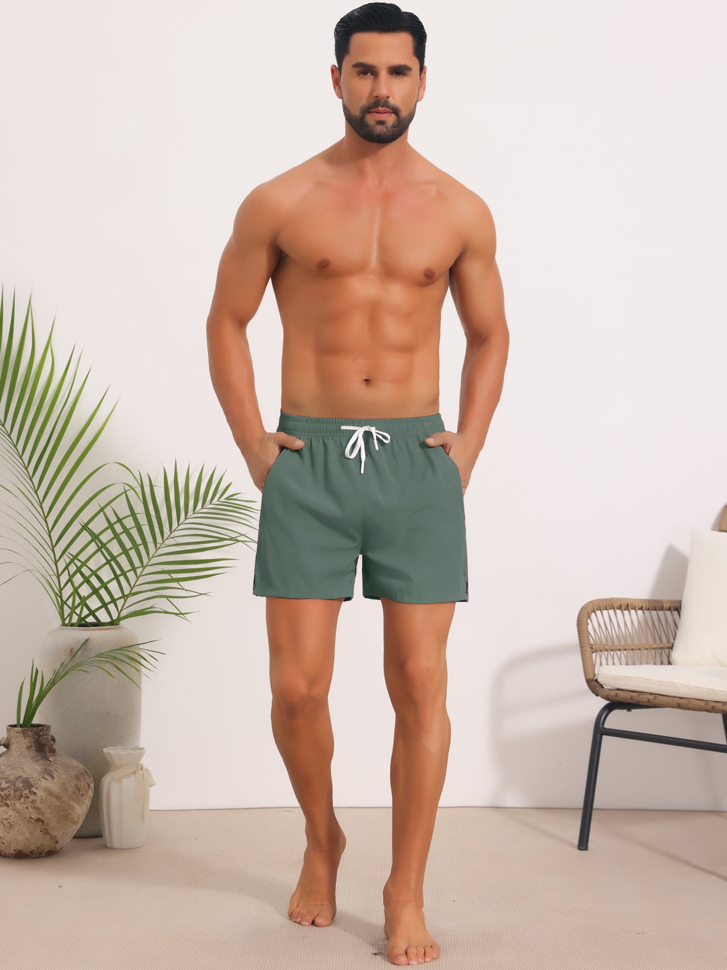 DARING DIVA Men's Summer Beach Elastic Waist Solid Board Shorts with Pocket 36 Olive Green