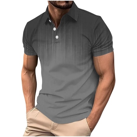 JTSRKL Men s Golf Style Gradient Color Shirts Casual Fit Short Sleeve Lightweight Moisture Wicking Tees V Neck Button Down Business Tops Dark Gray S
