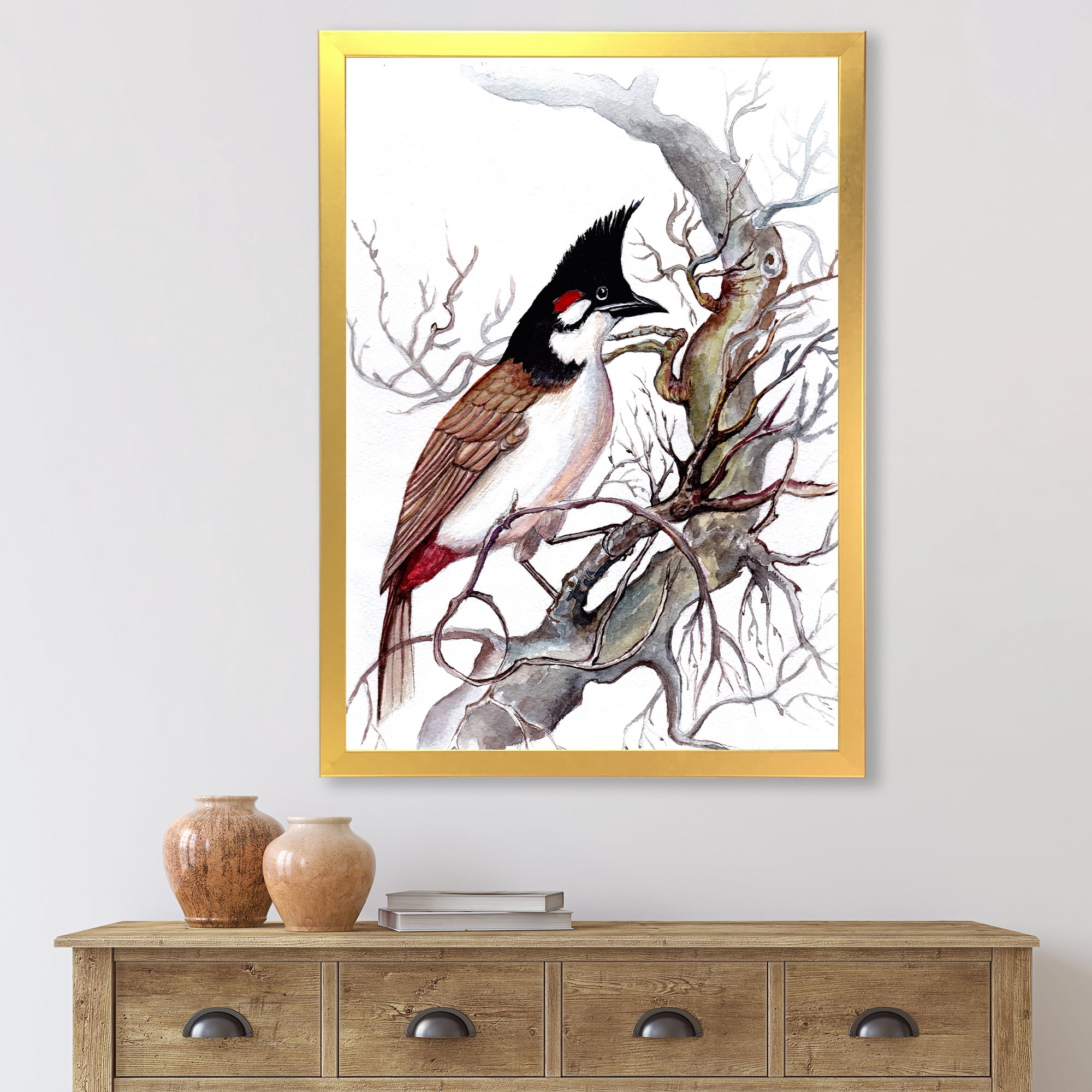 Designart 'Ancient Beautiful Bird On A Branch' Traditional Framed Art Print