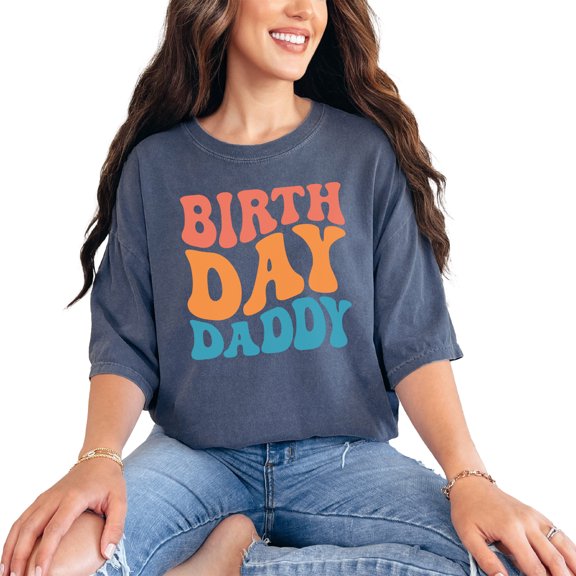 Birth Day Daddy, Dad's Birthday Party Themed, Groovy Retro Wavy Text, Denim Comfort Colors T-Shirt, Small