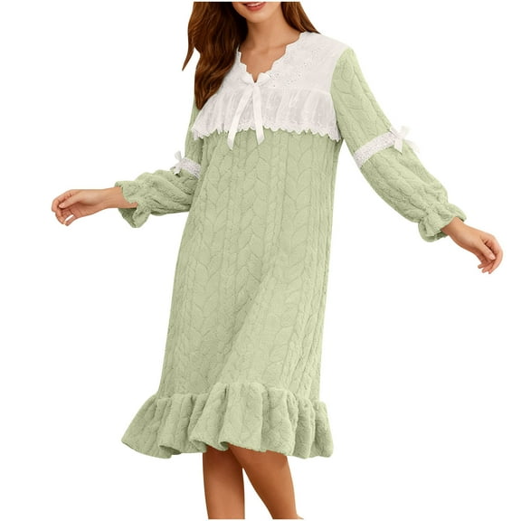Gytharion Flannel Nightgowns for Women Winter Fuzzy Fleece Warm V-Neck Sleepshirt Soft Cozy Long Sleeve Lace Plush Nightshirt Cute Solid Ruffled Hem Nightdress Mid-Length Sleepwear