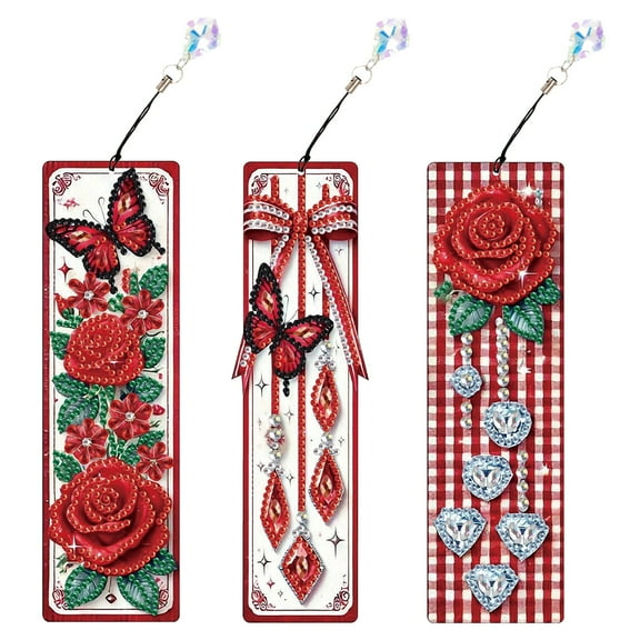 3pcs Diamond Painting Bookmark Kit 5D DIY Red Rose Special Design Shimmering Handmade Artwork For Book Lovers Perfect for Birthdays, Christmas, and Holidays