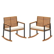 Acacia Wood Rocking Chairs Set of 2, Outdoor Patio Rocking Chairs with Cushions, Cream White, 353lbs Capacity, Relaxing Lawn Chairs