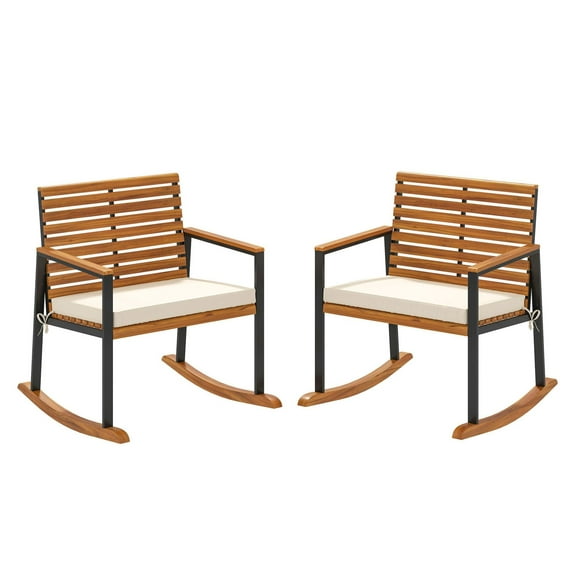 Acacia Wood Rocking Chairs Set of 2, Outdoor Patio Rocking Chairs with Cushions, Cream White, 353lbs Capacity, Relaxing Lawn Chairs