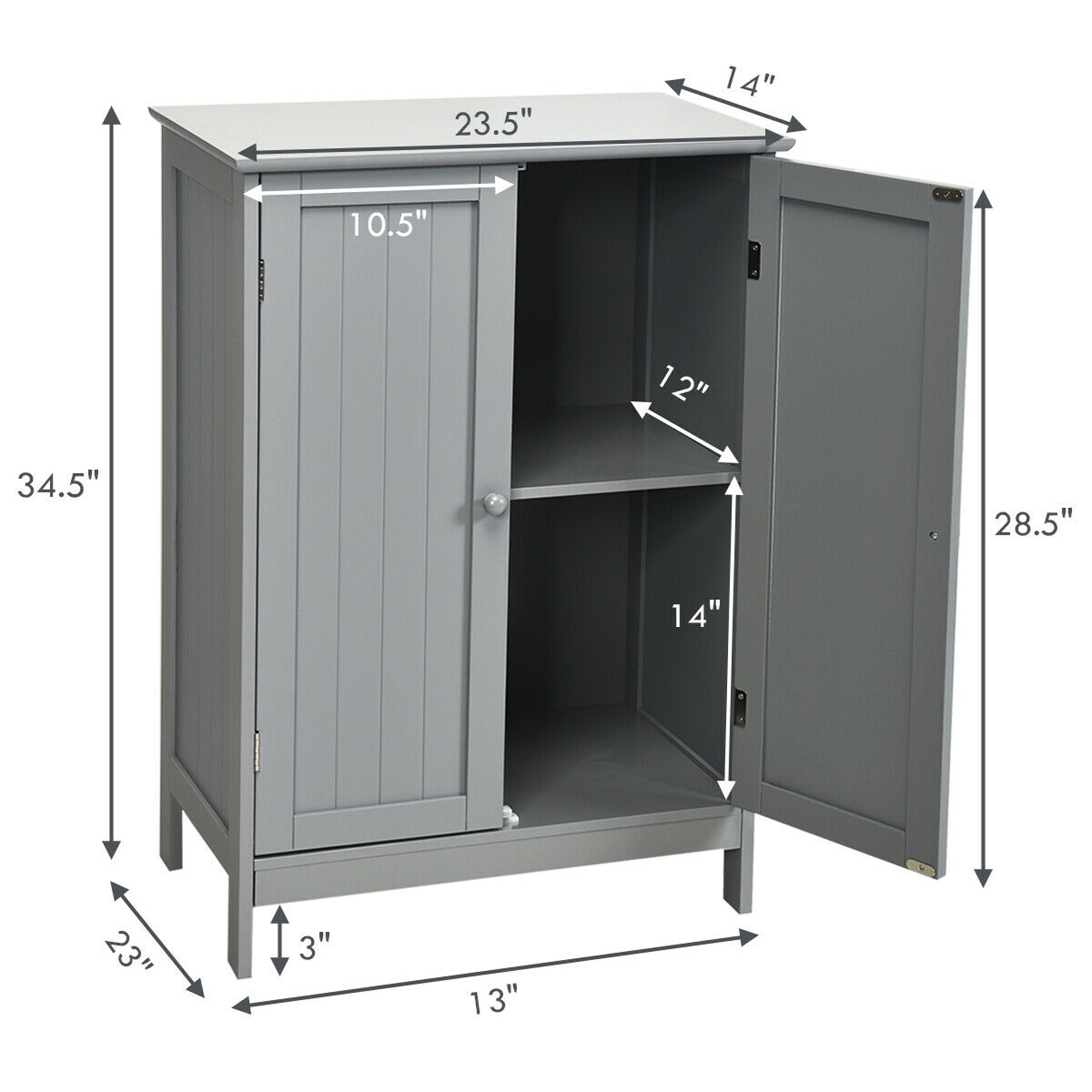 Gymax Bathroom Wooden Floor Storage Cabinet Living Room Modern Grey