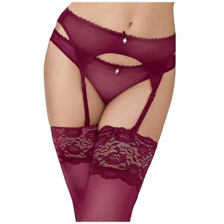 YOTMKGDO Camisole Tops for Women  Women s Lace Embroidery See Through Panties Garter Belt with Stockings #2 Red  L