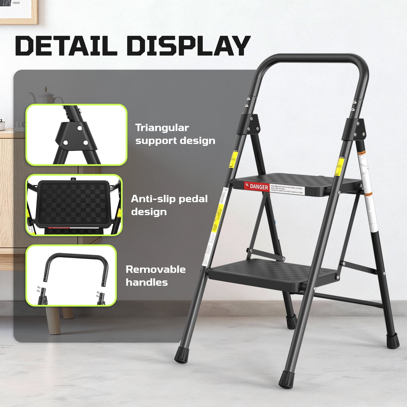 LevLad 2 Step Folding Ladder, Sturdy Steel Step Stool with Handrail & Auto Safety Lock, Ideal for Kitchen, Garage & Outdoor, Black