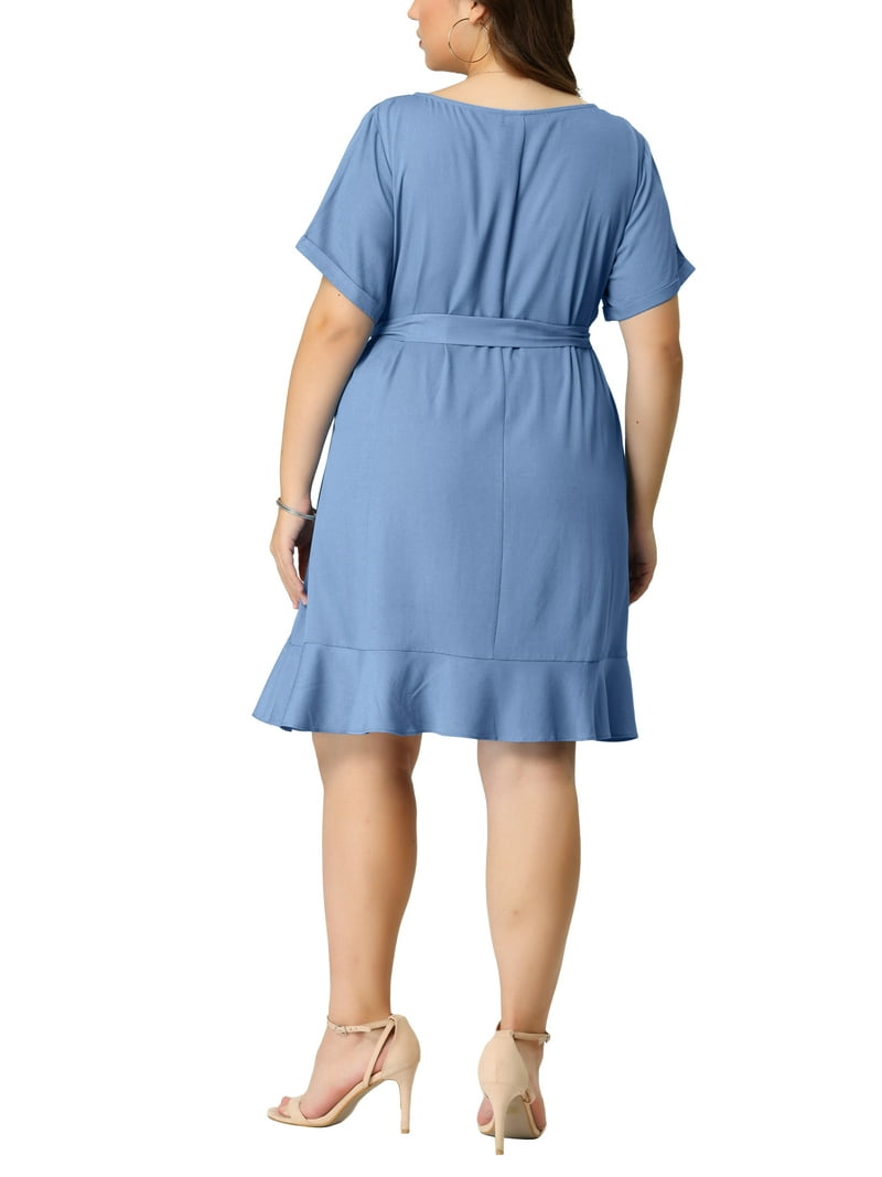 Unique Bargains Women's Plus Size Round Neck Roll Up Sleeve Ruffle Chambray Midi Dresses 4X Light Blue