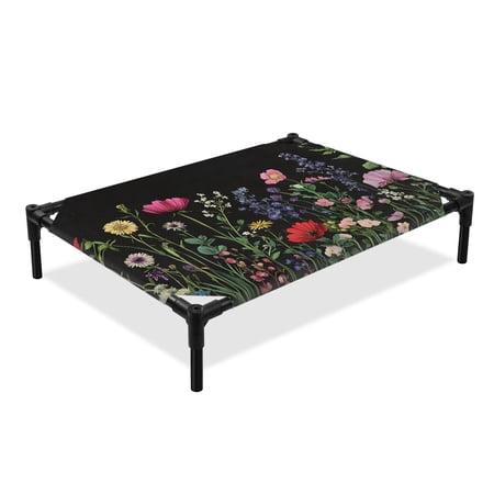 Spring Floral Elevated Dog Bed Country Watercolor Colorful Flowers Green Leaf Black Cooling Breathable Outdoor Raised Dog Cot Bed with Metal Frame Non-Slip Feet for Large Dog 28x22in