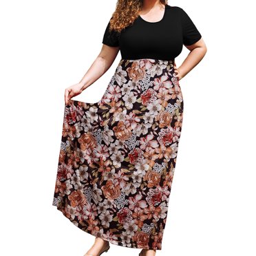 SHOWMALL Plus Size Summer Maxi Dress for Women Petal Panic 3X Short Sleeves Crewneck Casual Bohemian Beach Dress Full-Length Floral Long Sun Dresses with Pockets
