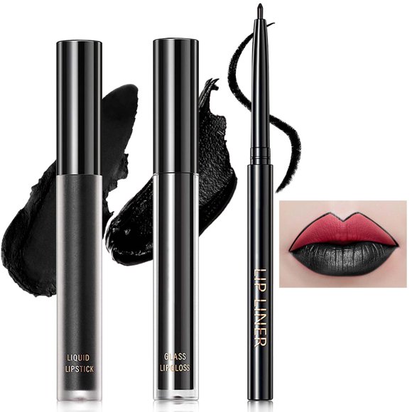 Juego de 3 barras de labios y delineador de labios líquido negro mate de alta pigmentación, brillo de labios negro, juego de delineador de labios de larga duración, resistente al agua, brillo de labio