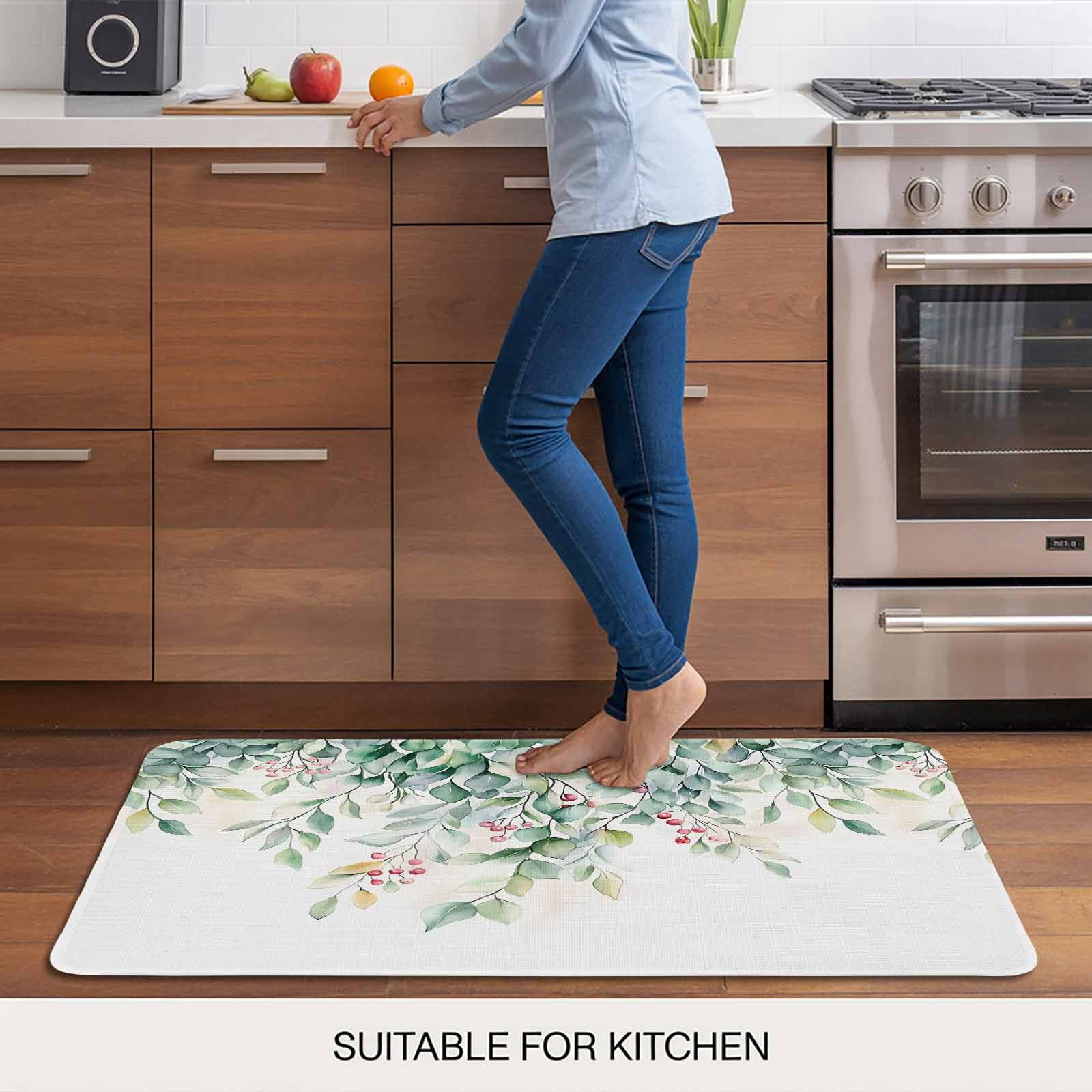 Eucalyptus Doormat Outdoor Entrance 16"x24", Retro Green Spring Botanical Leaf Red Fruit Absorb Moisture Dirt Door Mats, Non-Slip Rubber Backing Floor Mats Indoor, Low-Profile Front Door Rugs
