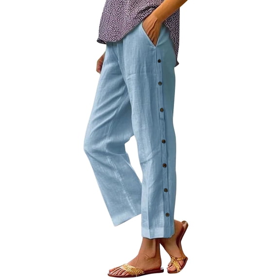 Women's Cotton Linen Pants Elastic Waist Casual Comfortable Beach Trousers Button Down Sides Leisure Wear Fashion Comfort Fit Light Blue S Size