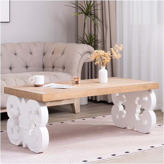JERFIT 47-inch Farmhouse Coffee Table with Ornate Carved Base, White and Natural Wood Finish Rectangular Accent Table for Living Room