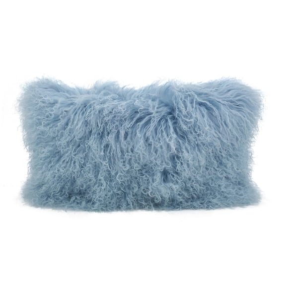 Ice Blue Color Genuine Mongolian Real Lamb Fur Decorative Throw Pillow - Polyester Filled, 12" X 20" Rectangular