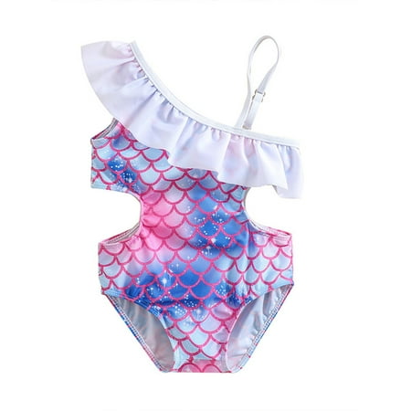 

Qtinghua Toddler Baby Girls Summer Swimwear One Shoulder Fish Scale Print Ruffles Bathing Suit Swimsuit