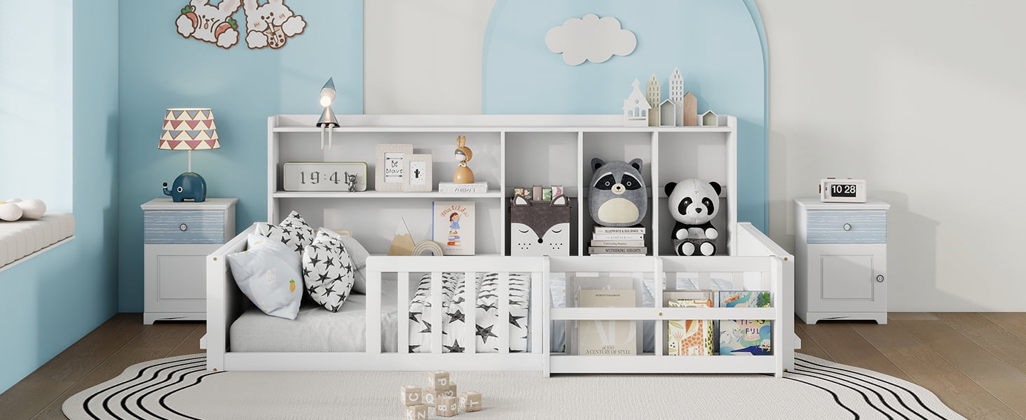 Mintazer Twin Size Montessori Floor Bed with Bookshelf & Guardrails, Kids Platform Bed Frame with Storage Cubbies for Bedroom, White