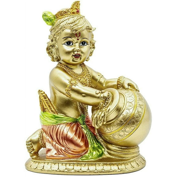 Hindu Baby Krishna Statue - Indian God Krishna Figurines Home Mandir Temple - India Idol Pooja Murti Buddha Religious Lord Figurines Gift Item - Hinduism Krishna Stealing Butter Yogurt Milk Sculpture