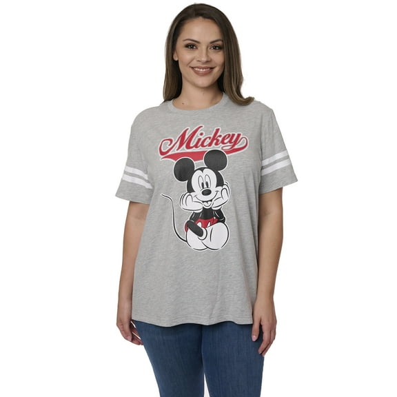 Women's Plus Size Disney T-Shirt Mickey Mouse Striped Sleeve Varsity Gray