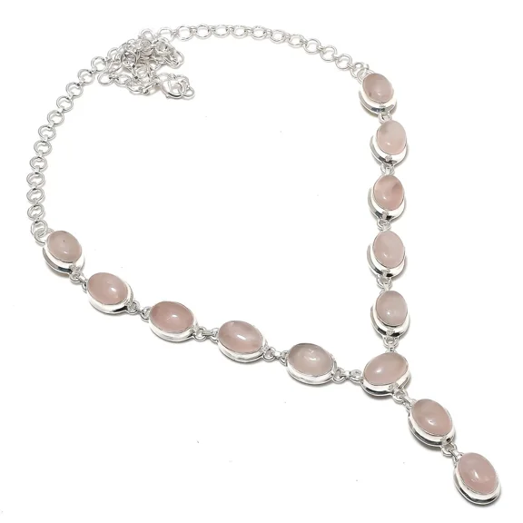 Rose Quartz Gemstone Necklace Handmade Beautiful Necklace Natural Oval Cabochon Pink Rose Quartz 925 Sterling Silver Plated Jewelry 22 Inch Adjustable Necklace