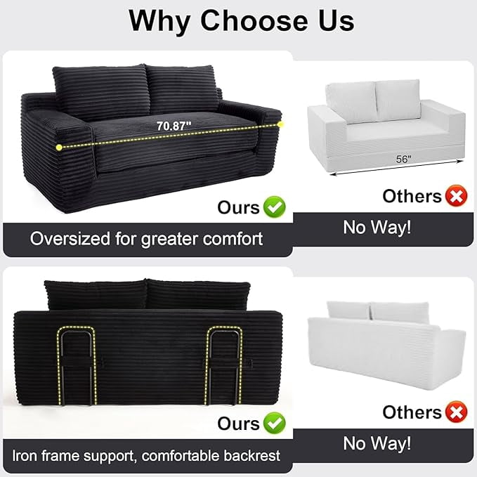 Howcool 71" Boneless Loveseat Sleeper Sofa,2 in 1 Pull Out Convertible Corduroy Floor Couch with Side Storage Pockets & 2 Throw Pillows,Foldable Guest Couch for Living Room,No Assembly Required,Black
