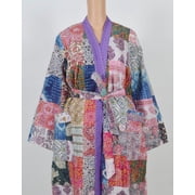 Cotton Bath Robe, Stone Wash Indian Multi Patchwork Handmade Kantha Stitch Robe,Cotton Kimono,Cotton Robe,Swim Wear,Night Wear Free Size.