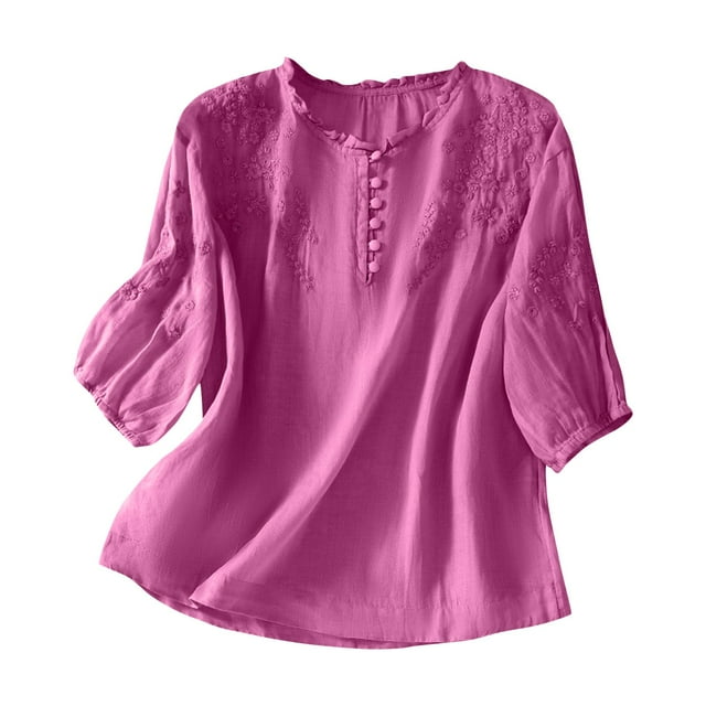 Olyvenn T-Shirts Brodés Grande Taille pour Femmes Été Chemise en Coton et Lin Tendance Col Rond T-Shirts Décontractés Manches Courtes Haut Rouge TG