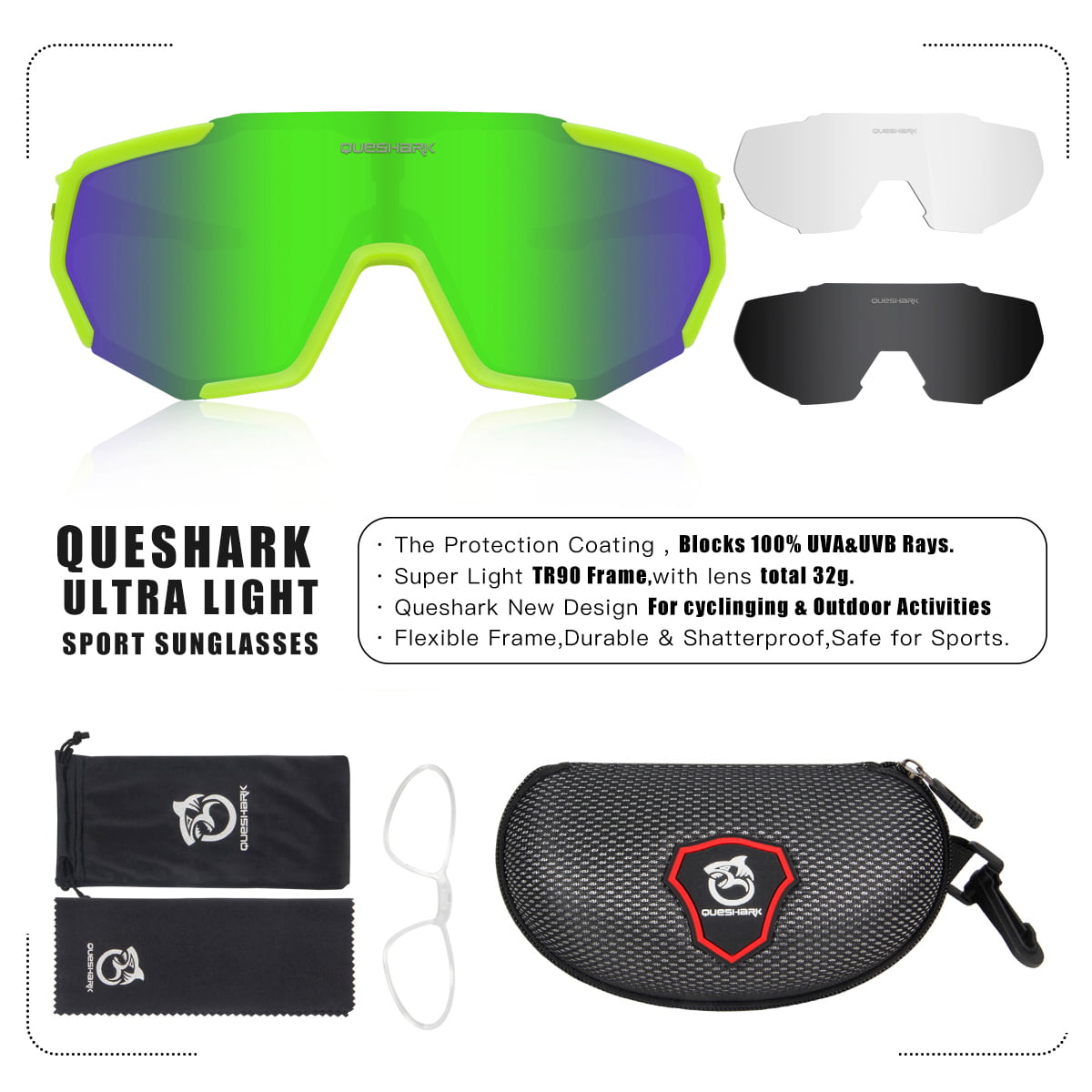 Queshark Cycling Glasses TR90 Frame Polarized Sports Sunglasses Bike Glasses  for Men Women with 3 Interchangeable Lens Anti-UV400 for Driving Fishing  Glof Baseball Running Hiking 