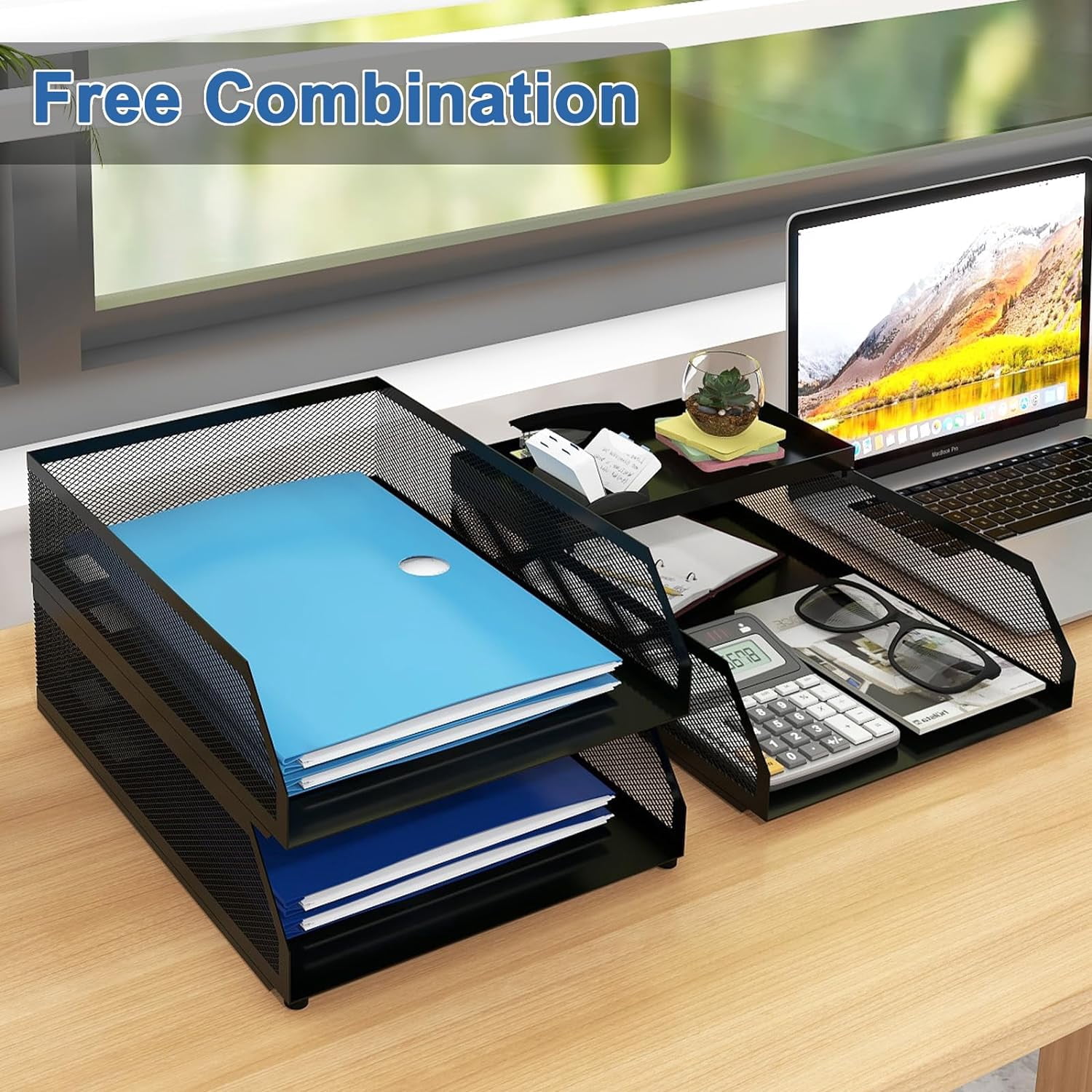 Natwind 3-Tier Stackable Paper Tray, Metal Mesh Desktop Organizer, Paper Sorter, Letter Trays,File Document Storage Rack for for Home, Office(Black)