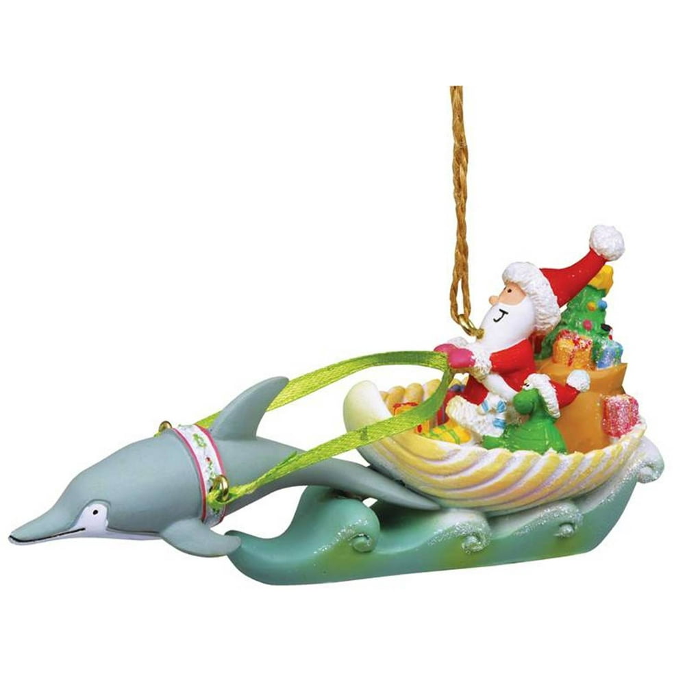 Cape Shore Coastal Santa in Sea Shell Sleigh Dolphin Reindeer Holiday Ornament