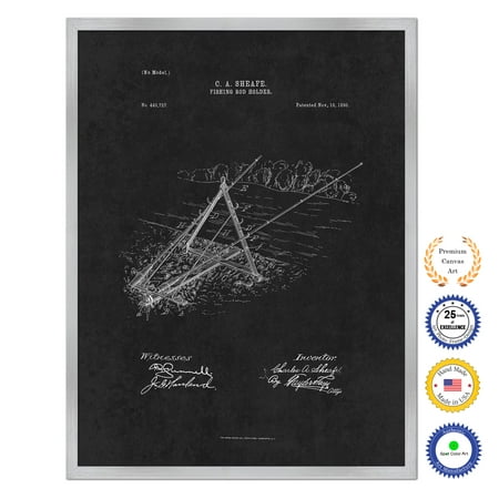 1890 Fishing Rod Holder Antique Patent Artwork Wall Art Silver Framed Canvas Print Home Office Decor Great For Fisherman Cabin Lake House