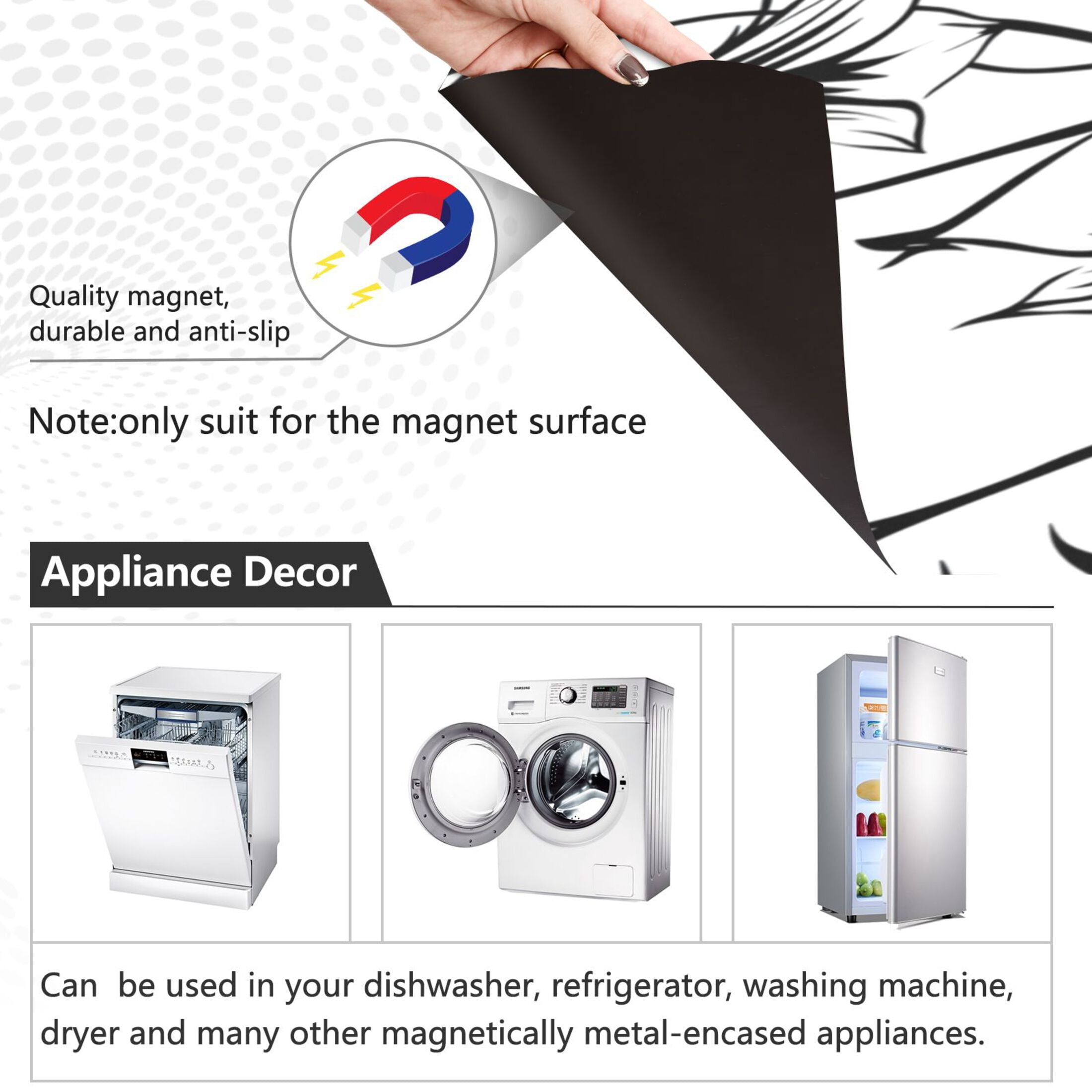 Dishwasher Magnetic Sticker 23x26 Inch Refrigerator Magnetic Sticker Washing Machine Magnetic Sticker Kitchen Panel Magnetic Sticker Home Decor Pretty Black Cartoon Flowers