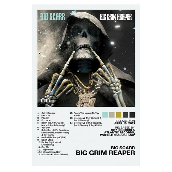 Big Scarr - Big Grim Reaper Album Cover Music Poster Rap Home Decor For Living Room Hip-Hop Aesthetic Rapper Album Wall Art Records Poster Wall Decor For Bedroom