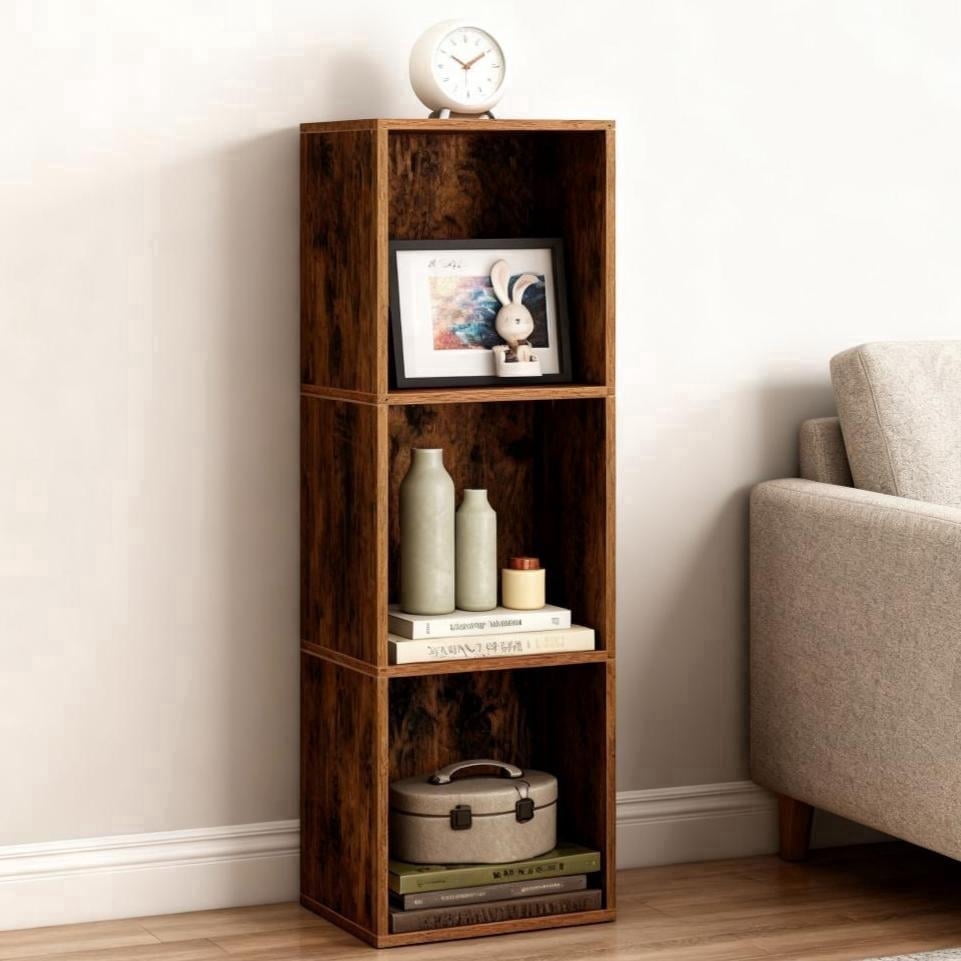 LEDREM 3-Tier Bookshelf with Adjustable Open Shelves, Tall Bookcase Space-Saving for Living Room Home Office, Rustic Brown