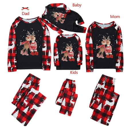 

Sunisery Christmas Family Matching Pajamas Sets Adult Kids Elk Print Long Sleeve Tops+Stretch Casual Plaid Pants Sleepwear