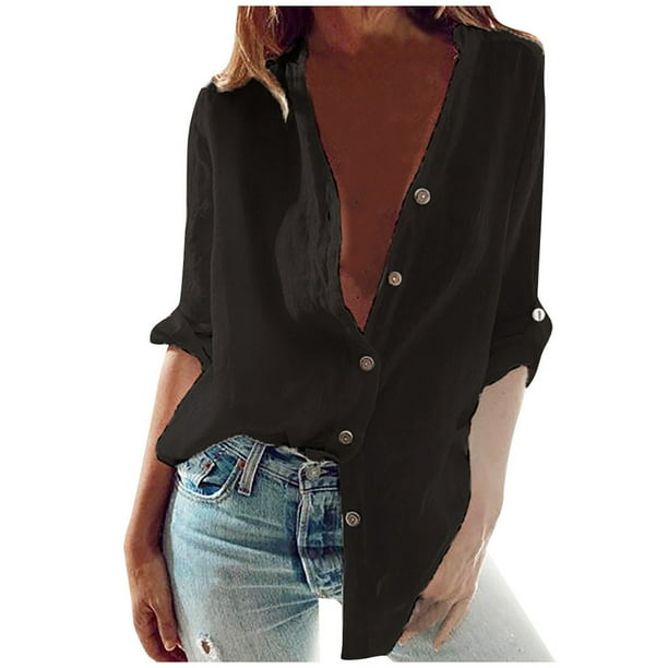 Camisa informal de manga larga con cuello de botones y cuello alto para mujer - Poliéster, transpirable y suave, 3 colores (blanco/azul/negro), tallas S-XXL