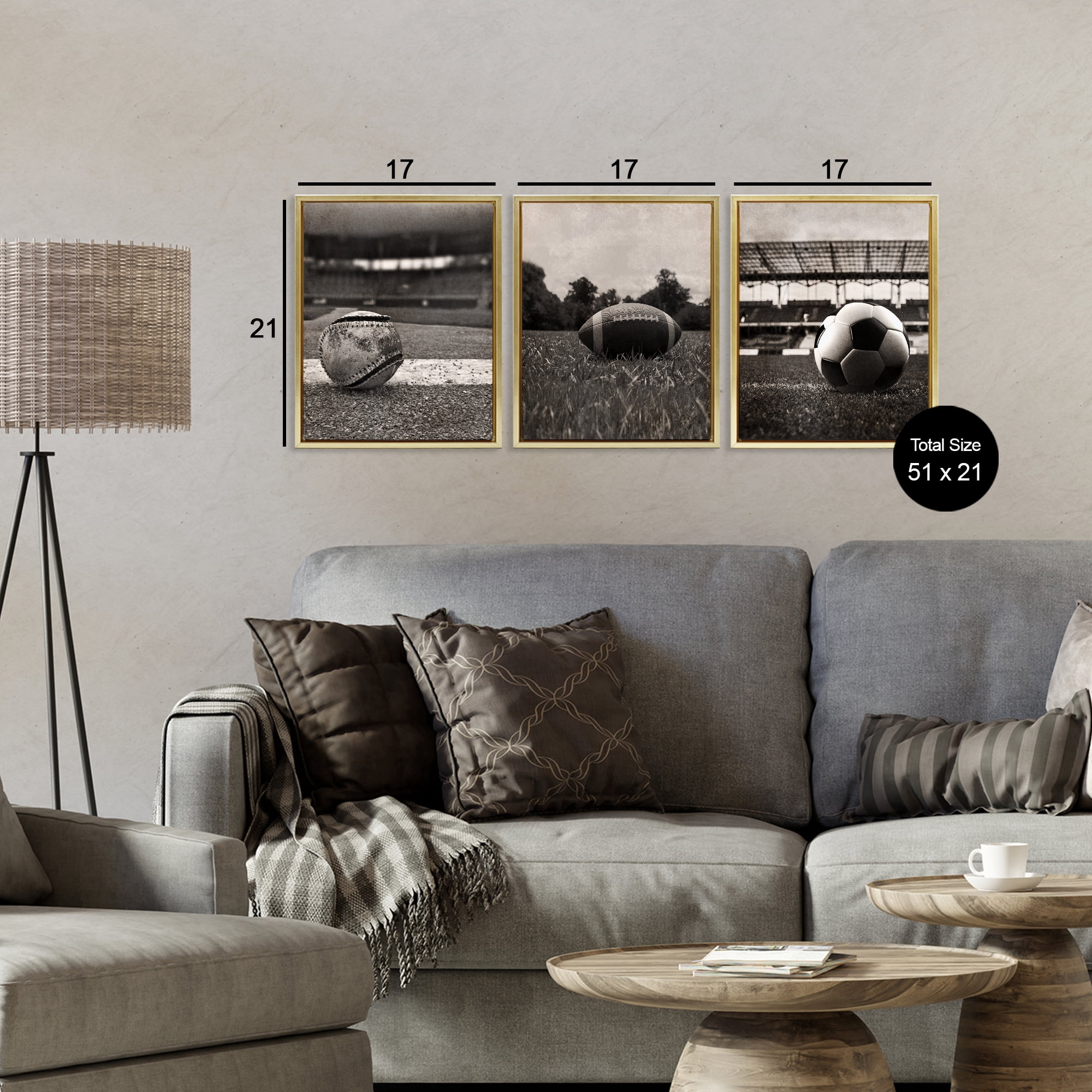 Stupell Industries Vintage Sports on Field 3 Piece Gold Framed Floater Canvas Set, design by Marcus Prime