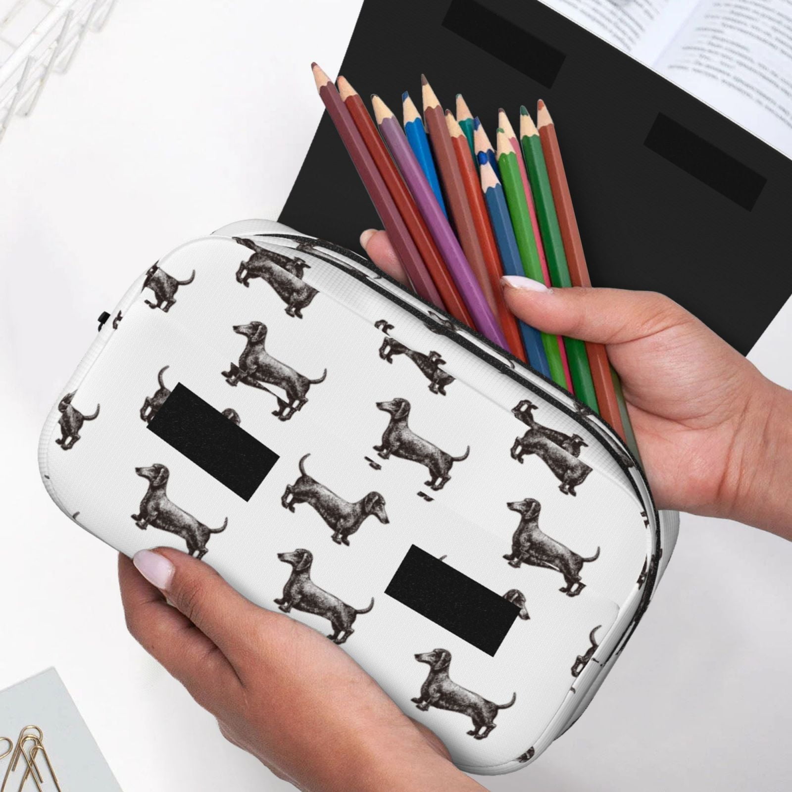 Rateoe Dachshund Dog Puppy Pattern Double Clamshell Pen Case, Storage Organizer with Two Zipper Compartments– Holds Up to 50 Pencils & Pens