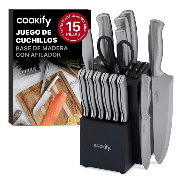 Juego de Cuchillos de Cocina COOKIFY 15 Piezas. Acero Inoxidable con Base Organizadora, Tijeras y Afilador .Color Negro/Plateado