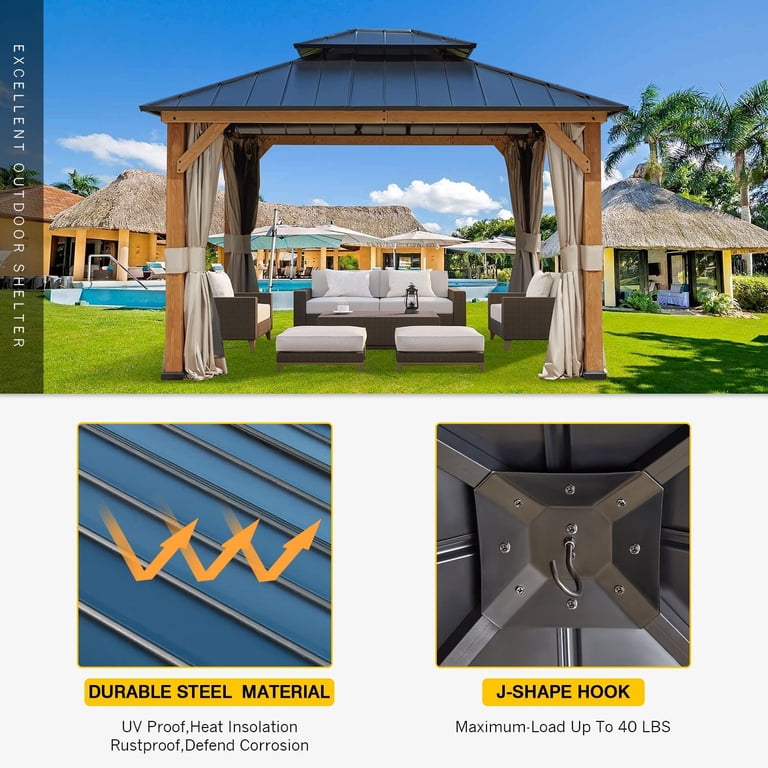 Mellcom 13'x11' Hardtop Cedar Wood Gazebo, Outdoor with Curtains