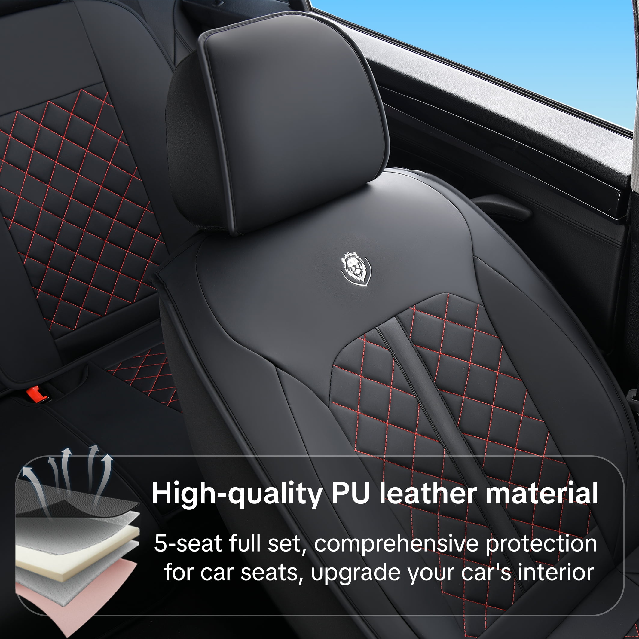 Red Edge Car Seat Covers for Toyota RAV4 2000 Car Seat Cover , Waterproof PU Leather, 5 Seats Full Set, Easy to Clean and Install, Non-slip, Suitable for All Seasons