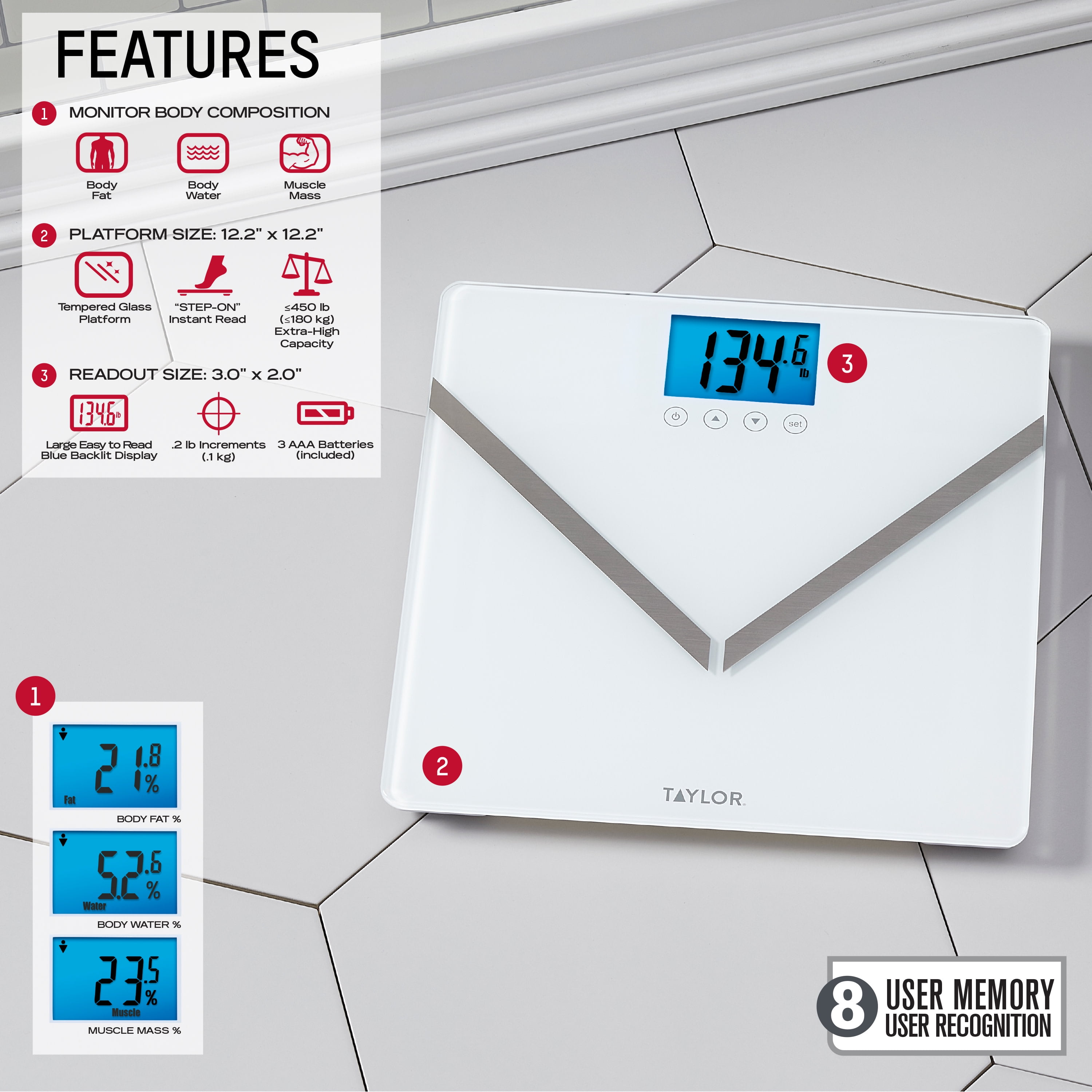 Taylor Digital Body Composition 8 User Glass Scale White 5282542