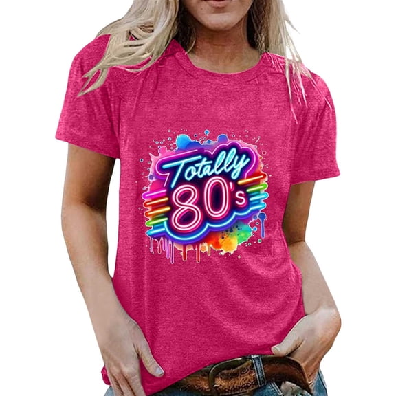 Arlun Retro 80's & 90's T-Shirts for Women Vintage Neon 80th and 90th Colorful Graphic Print Short Sleeve Tee Shirt Rave Theme Party Tshirt Plus Size Crew Neck Tee Tops 2-Hot Pink XL