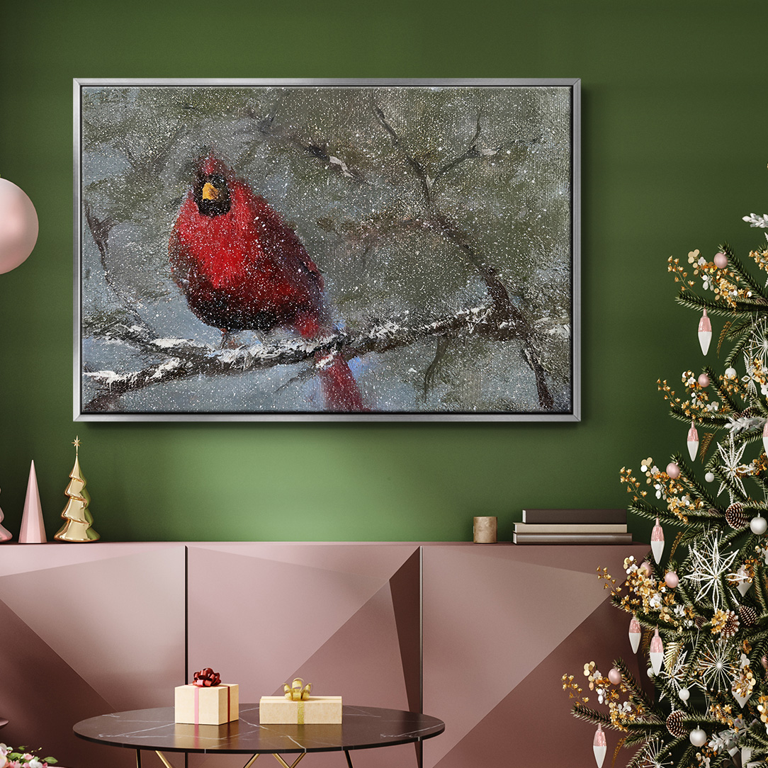 Cardinal in Snow I - Framed Gallery Wrapped Holiday Canvas - 17 x 25 - Silver Frame