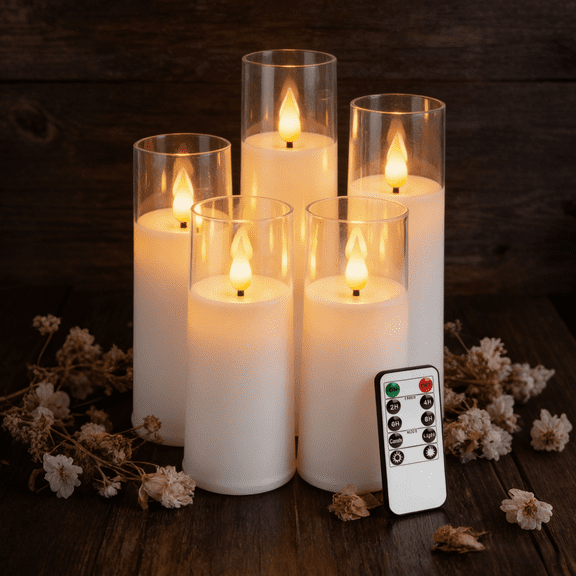 Homemory Pure White Acrylic Flameless Candles, Battery Operated Candles, Flickering LED Pillar Candles with Remote Control and Timer, 3D Wick, Set of 5