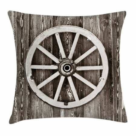Village Circle - Barn Wood Wagon Wheel Throw Pillow Cushion Cover, Retro Wheel on Timber Wall Barn House Village Cart Circle, Decorative Square Accent Pillow Case, 18 X 18 Inches, Dark Brown and White, by Ambesonne